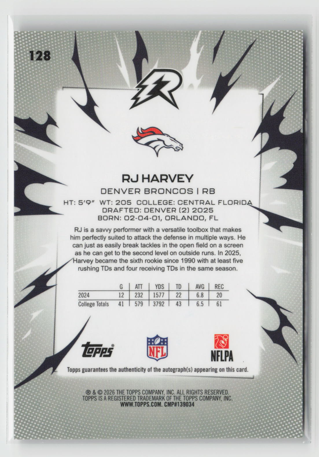 RJ Harvey 2025 Topps Resurgence Signatures Silver Static Refractor #128
