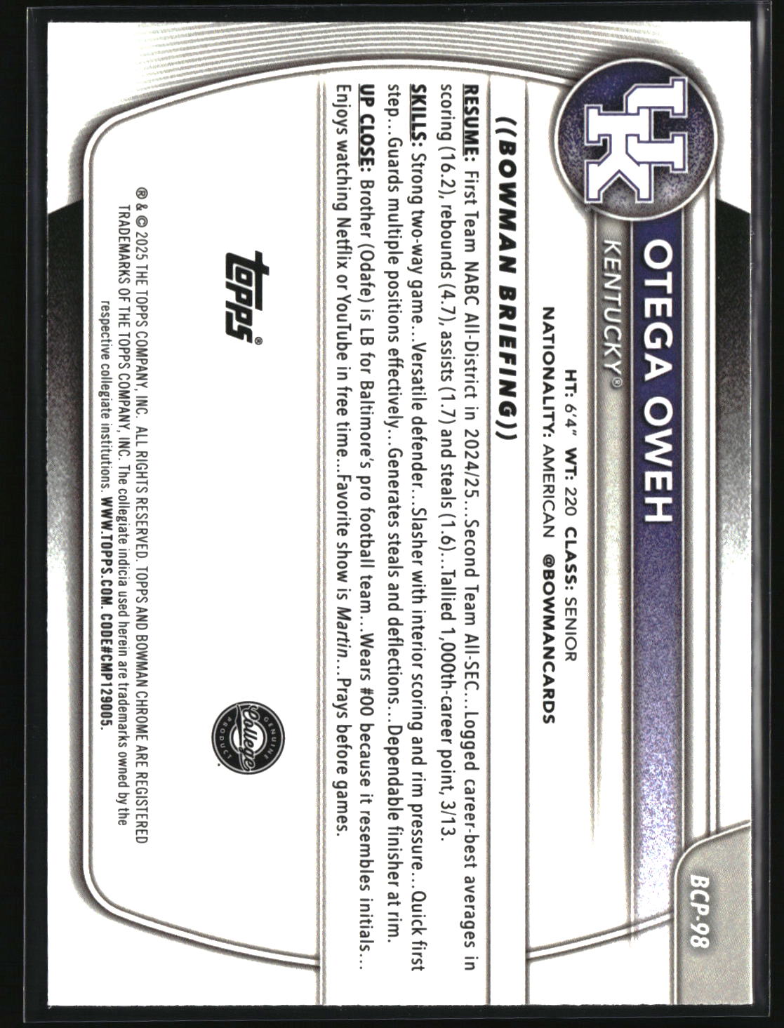 Otega Oweh 2025-26 Bowman Chrome Prospects Reptilian Refractor #BCP-98