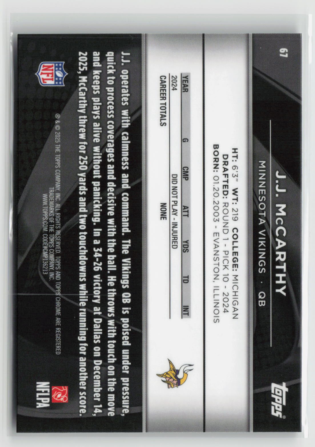 J.J. McCarthy 2025 Topps Chrome Black #67