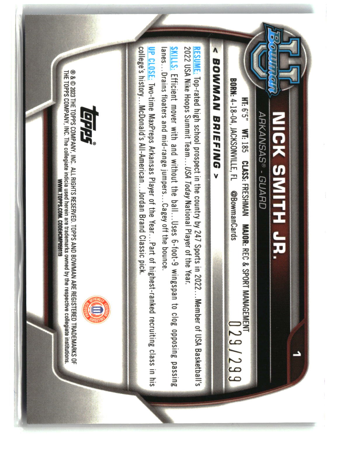 Nick Smith Jr. 2022-23 Bowman University Chrome Aqua Wave #1 #/299