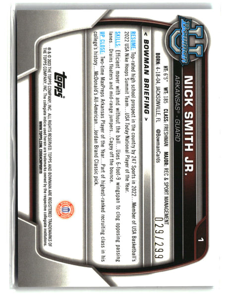 Nick Smith Jr. 2022-23 Bowman University Chrome Aqua Wave #1 #/299