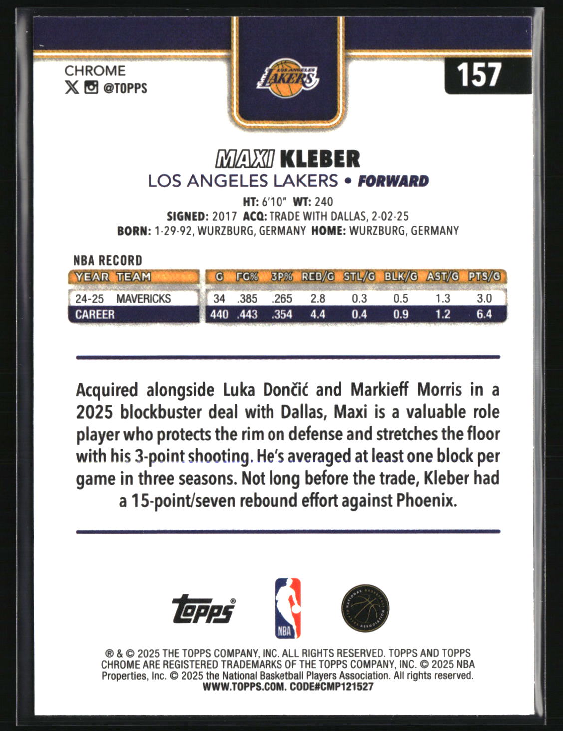 Maxi Kleber 2025-26 Topps Chrome Red White and Blue Refractor #157