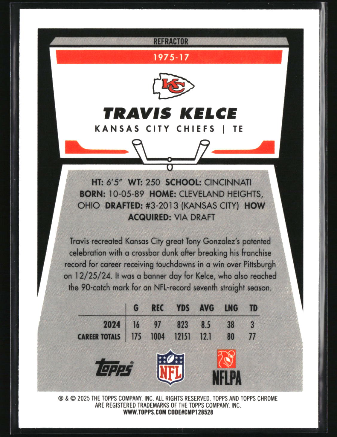 Travis Kelce 2025 Topps Chrome 1975 Topps Refractor #1975-17