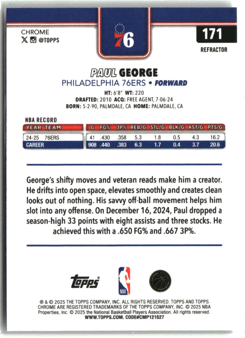 Paul George 2025-26 Topps Chrome Refractor #171