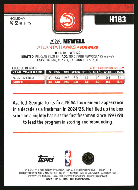Asa Newell 2025-26 Topps Holiday #H183