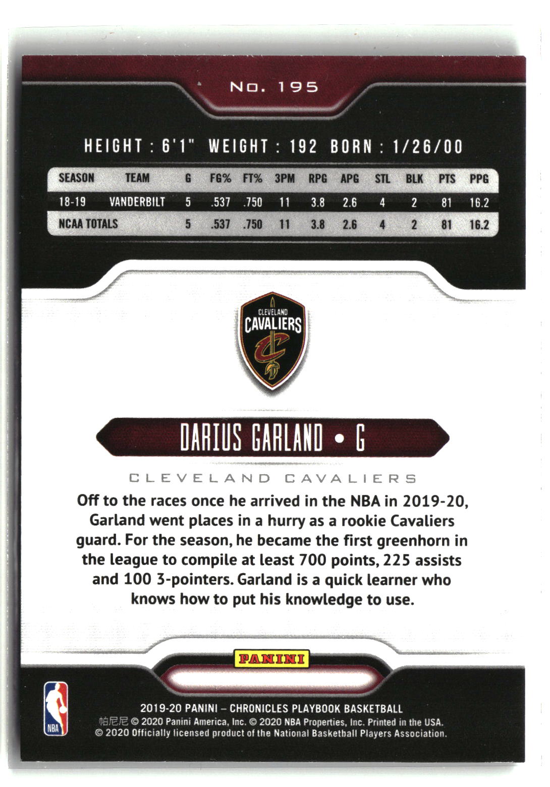 Darius Garland 2019-20 Panini Chronicles #195