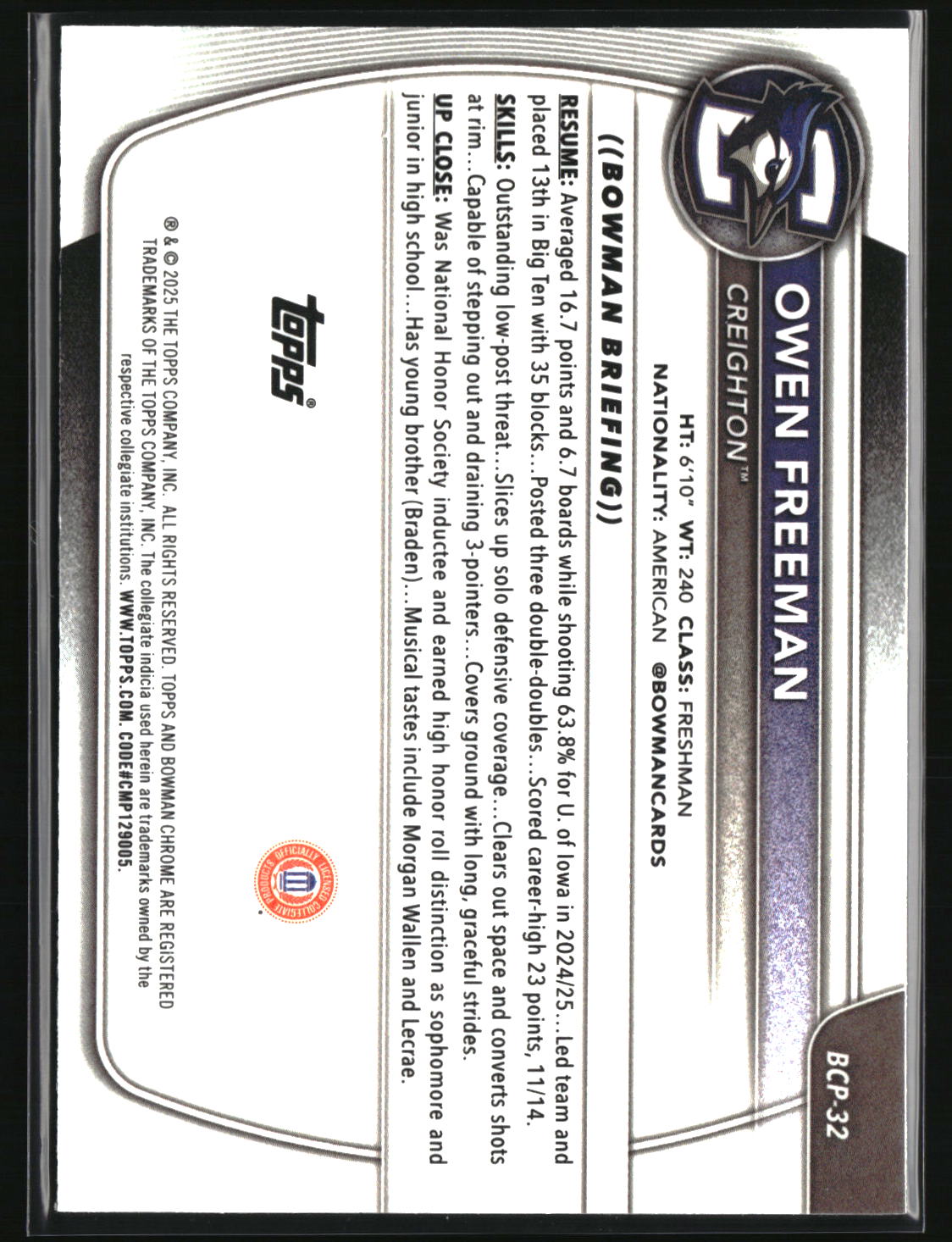 Owen Freeman 2025-26 Bowman Chrome Prospects Reptilian Refractor #BCP-32