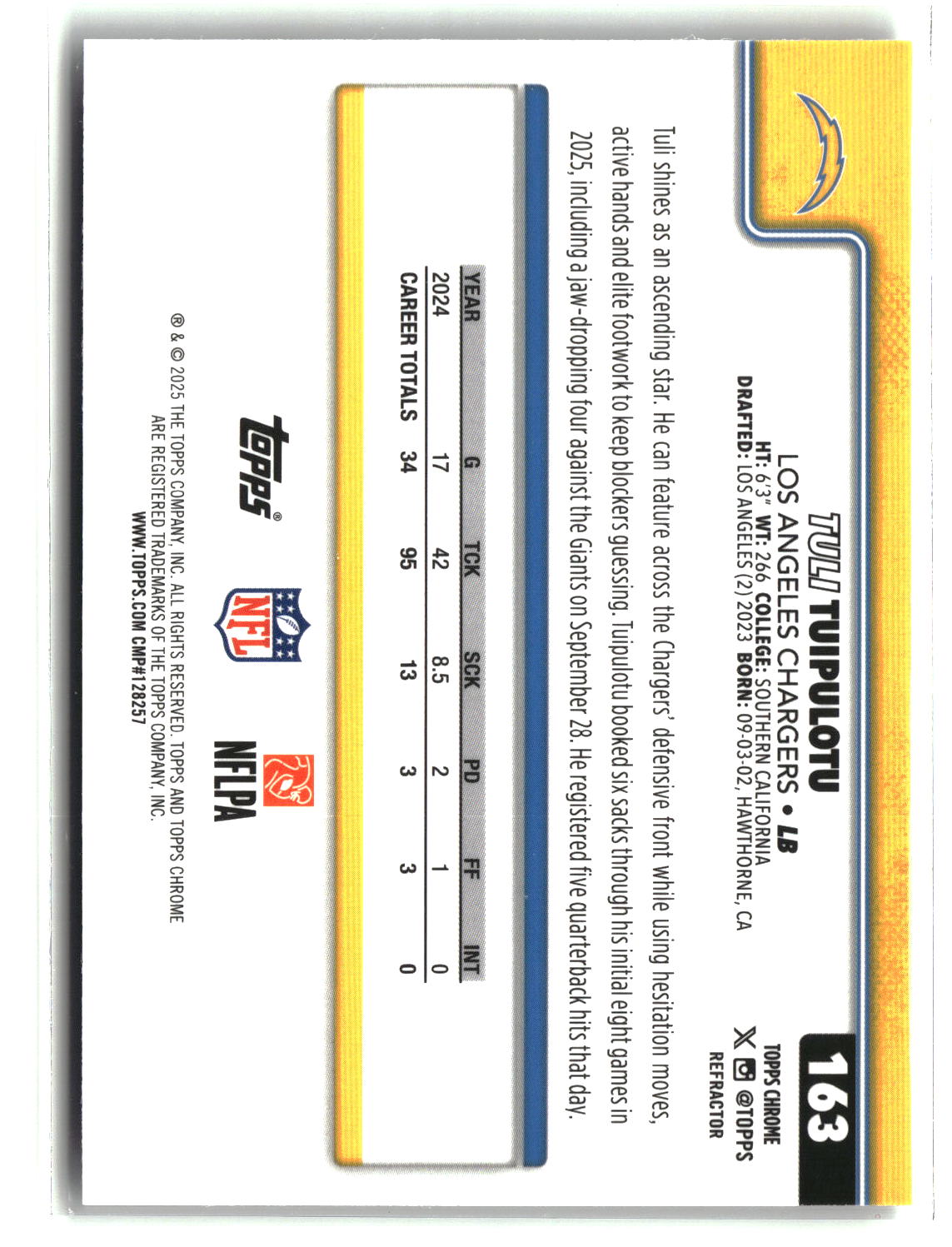 Tuli Tuipulotu 2025 Topps Chrome Refractor #163