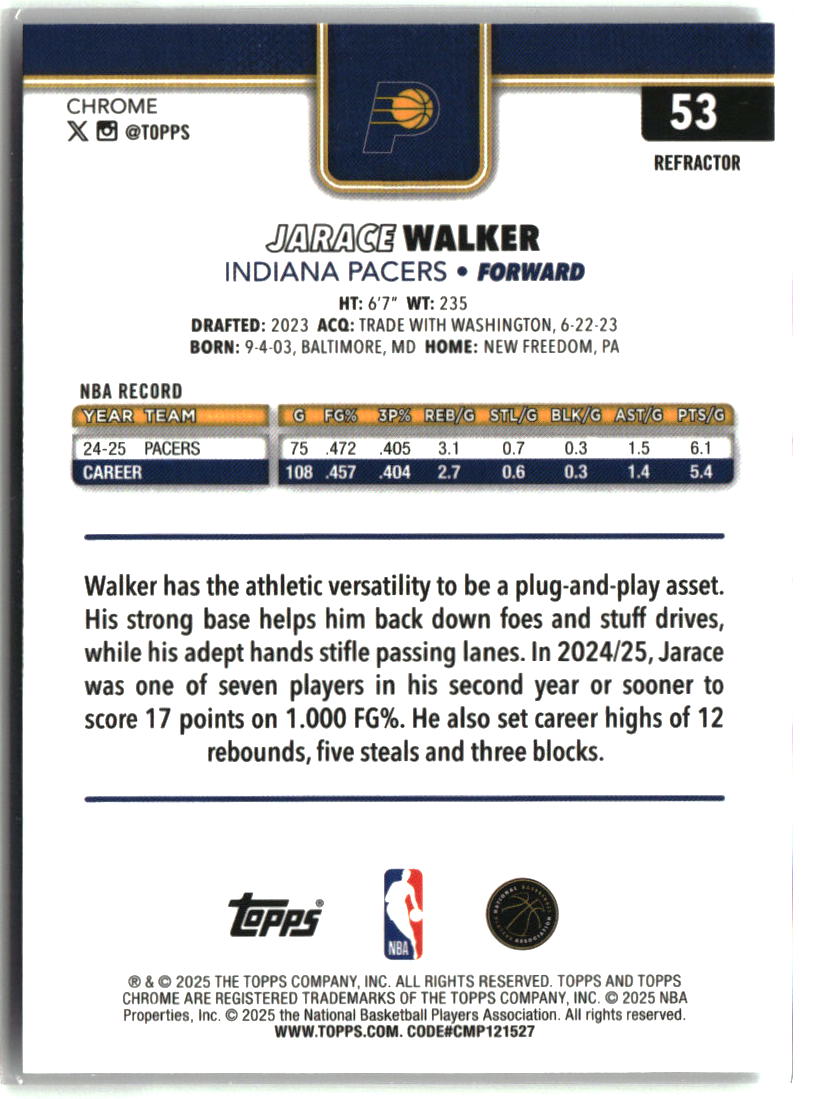 Jarace Walker 2025-26 Topps Chrome Refractor #53