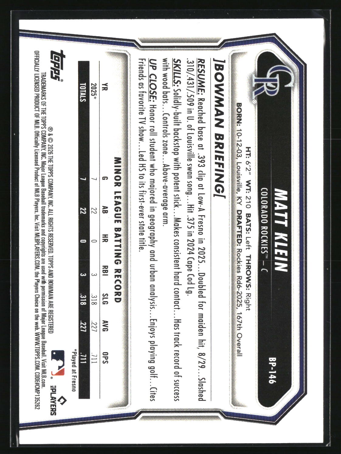 Matt Klein 2026 Bowman Prospects #BP-146