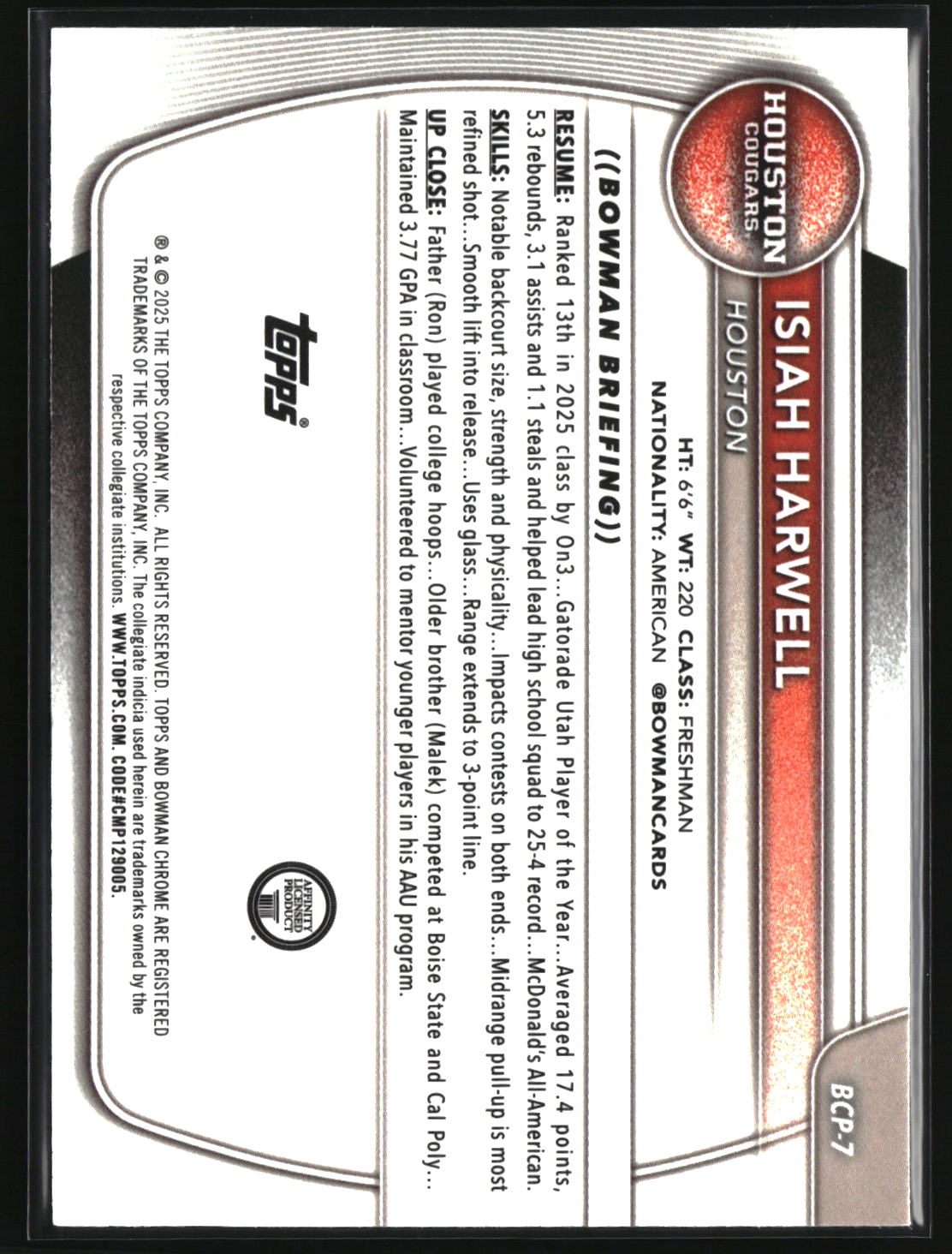 Isiah Harwell 2025-26 Bowman Chrome Prospects Reptilian Refractor #BCP-7