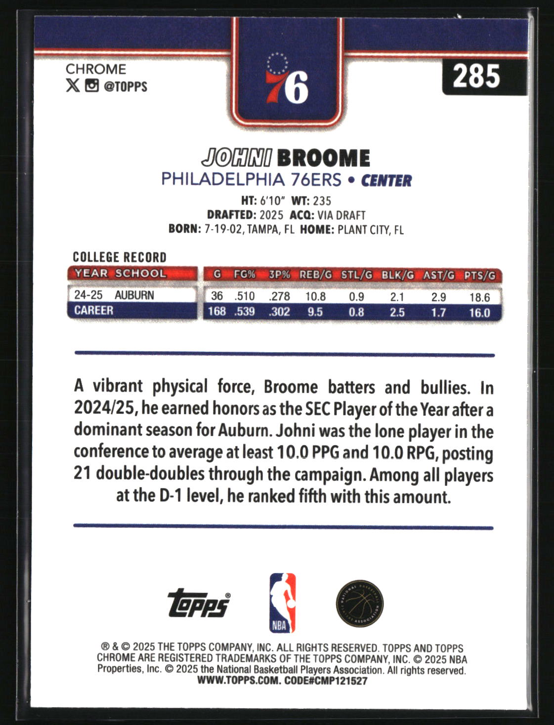 Johni Broome 2025-26 Topps Chrome Red White and Blue Refractor #285