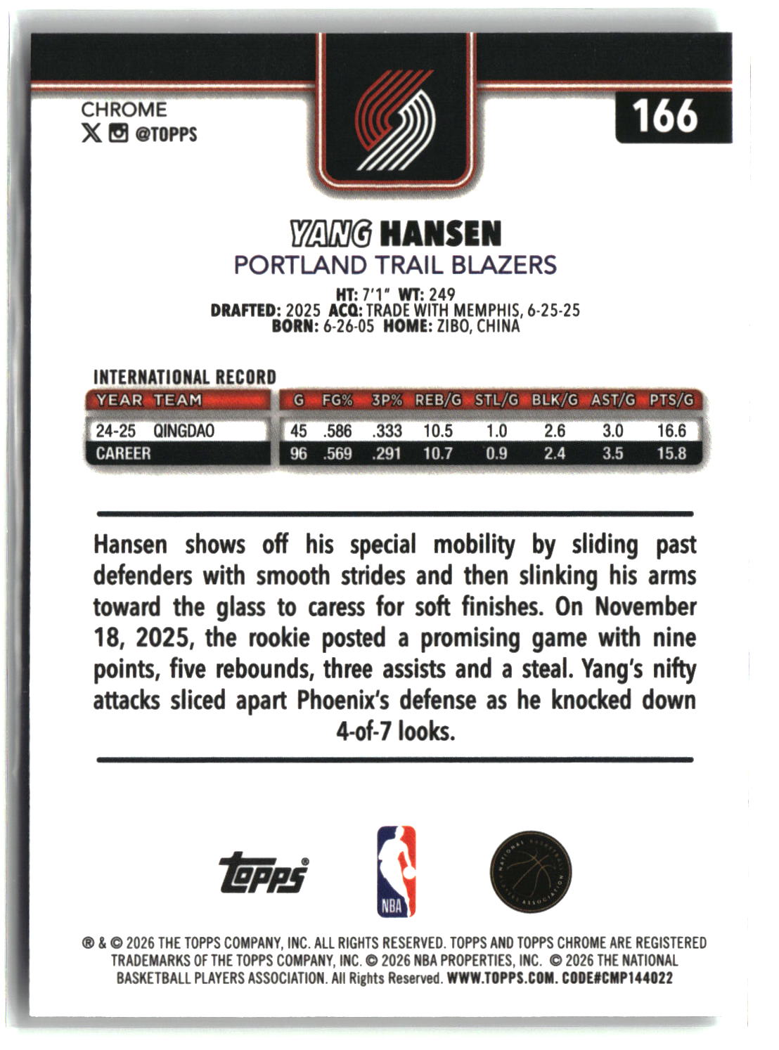 Yang Hansen 2025-26 Topps Chrome Update #166