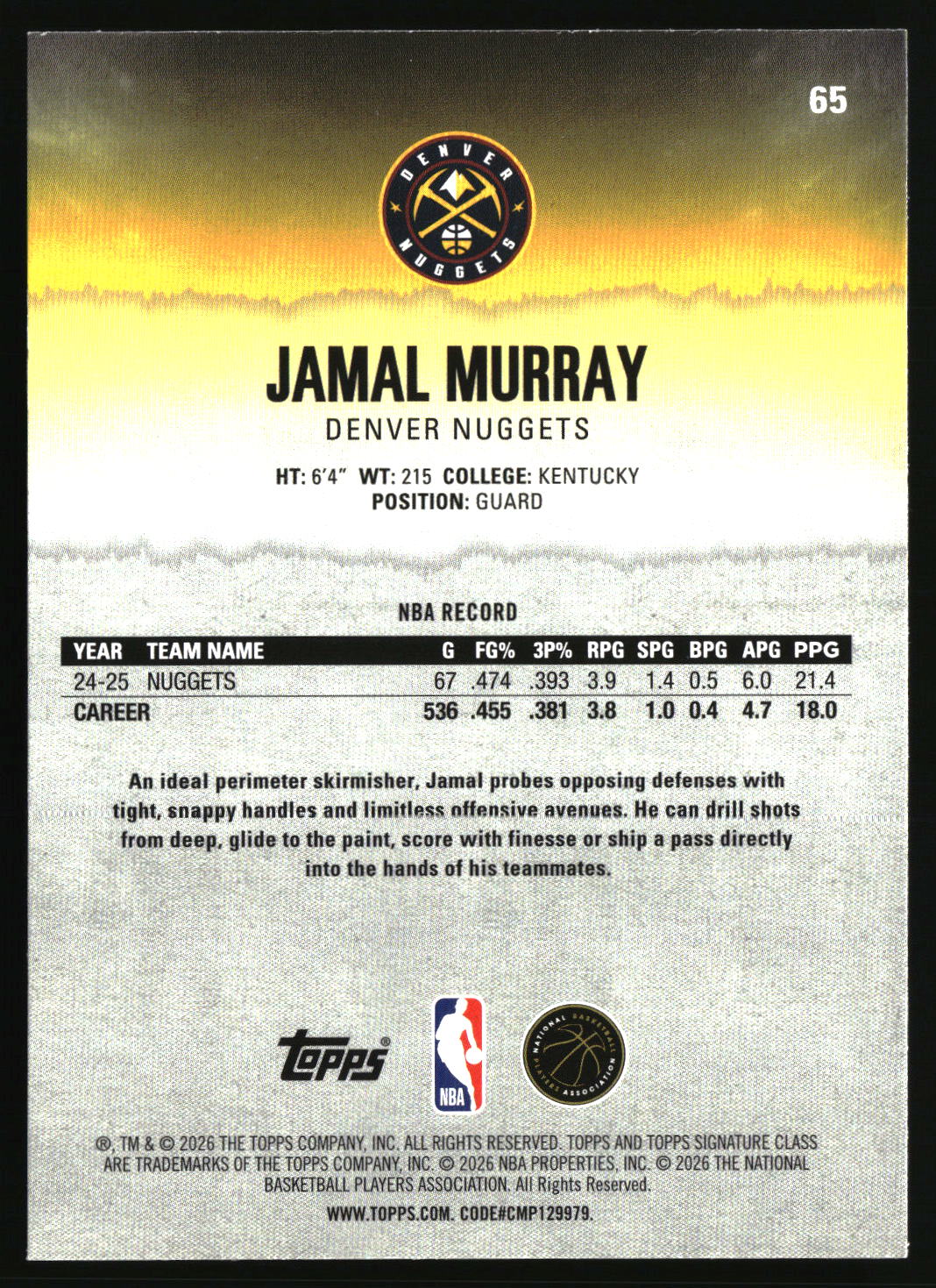 Jamal Murray 2025-26 Topps Signature Class #65