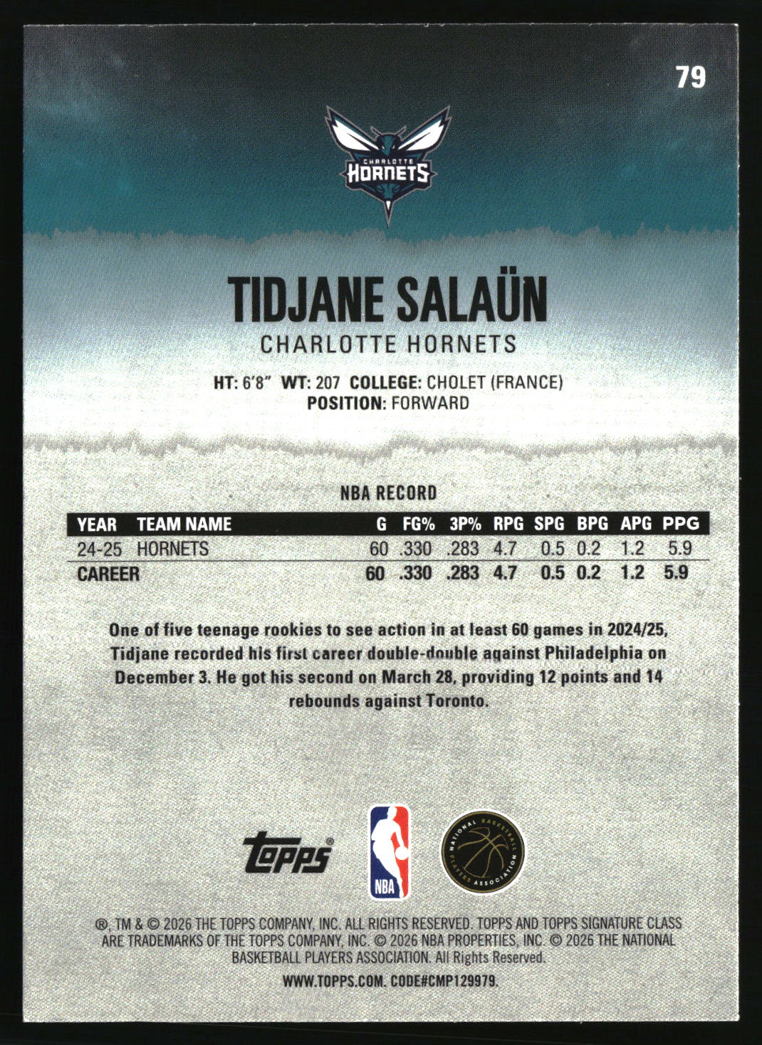 Tidjane Salaun 2025-26 Topps Signature Class #79