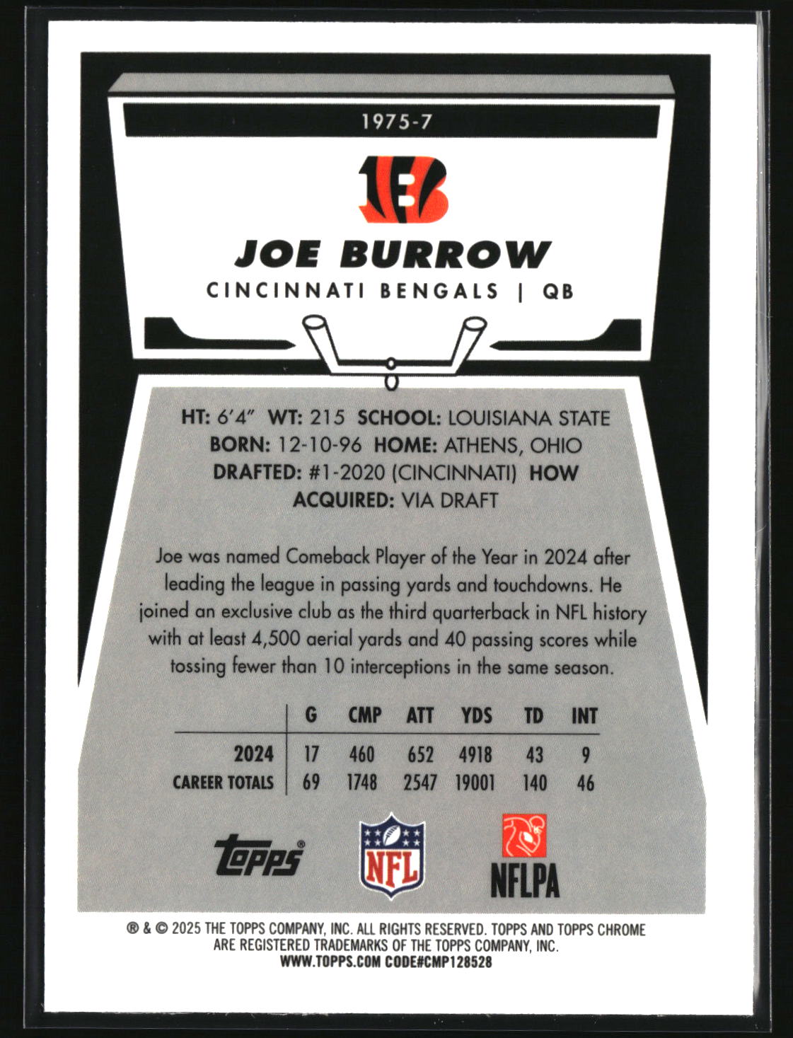 Joe Burrow 2025 Topps Chrome 1975 Topps #1975-7