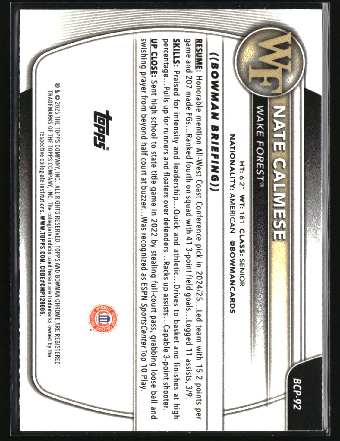 Nate Calmese 2025-26 Bowman Chrome Prospects Reptilian Refractor #BCP-92