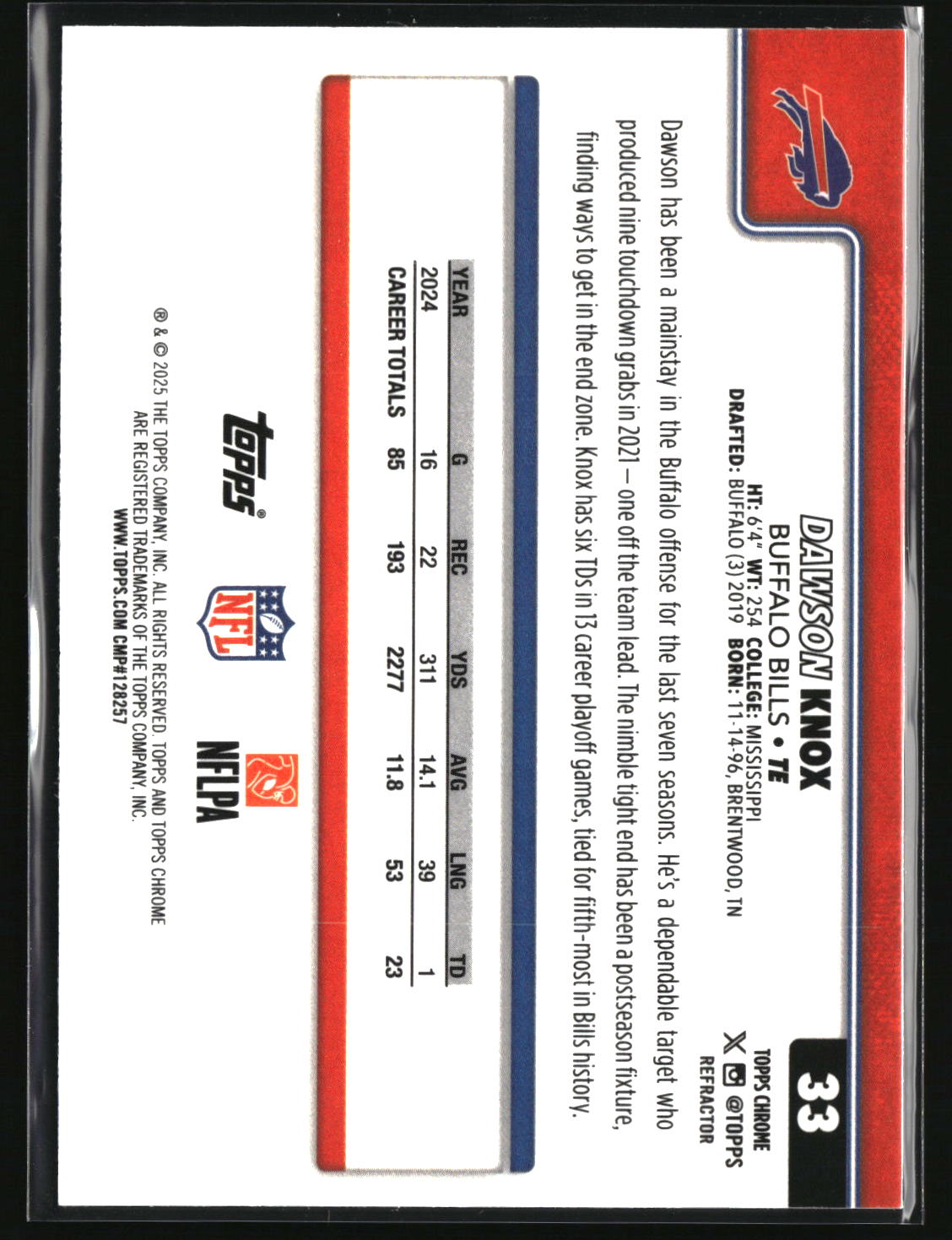 Dawson Knox 2025 Topps Chrome - Topps Refractor #33