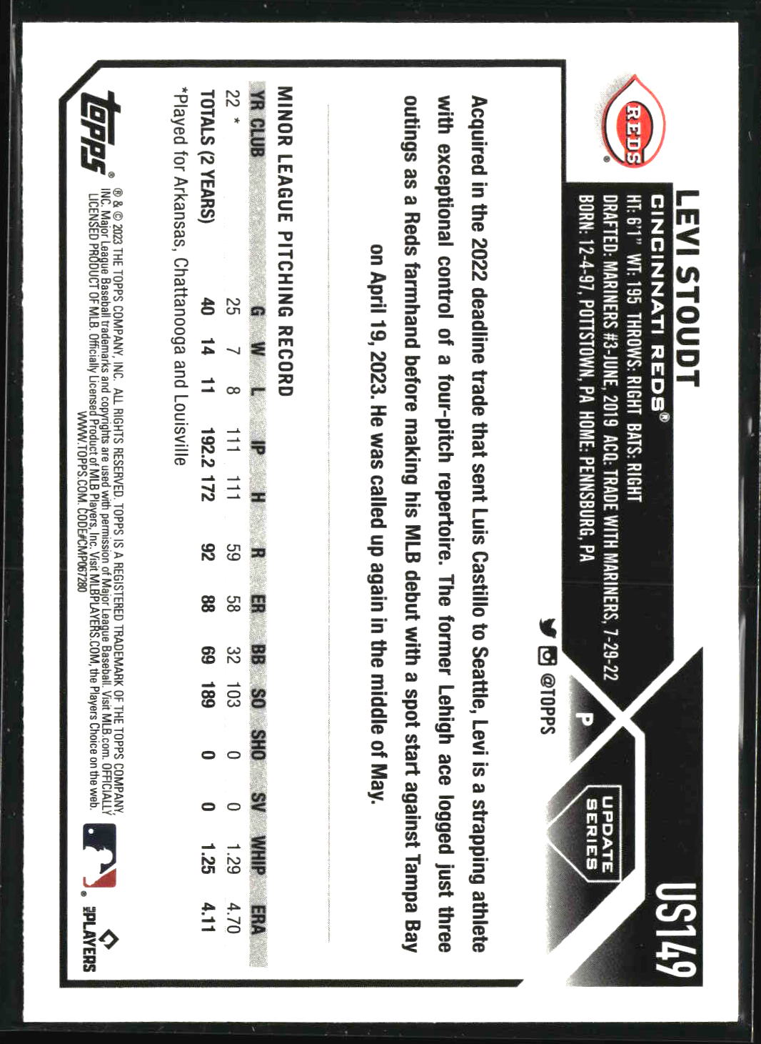 Levi Stoudt 2023 Topps Update Rainbow Foil #US149