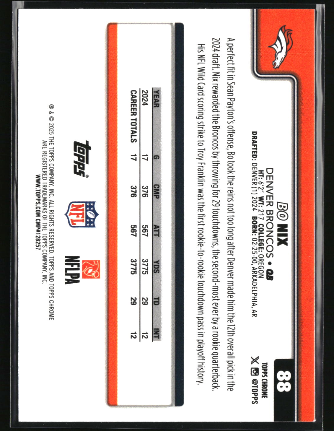 Bo Nix 2025 Topps Chrome Pulsar Refractor #88
