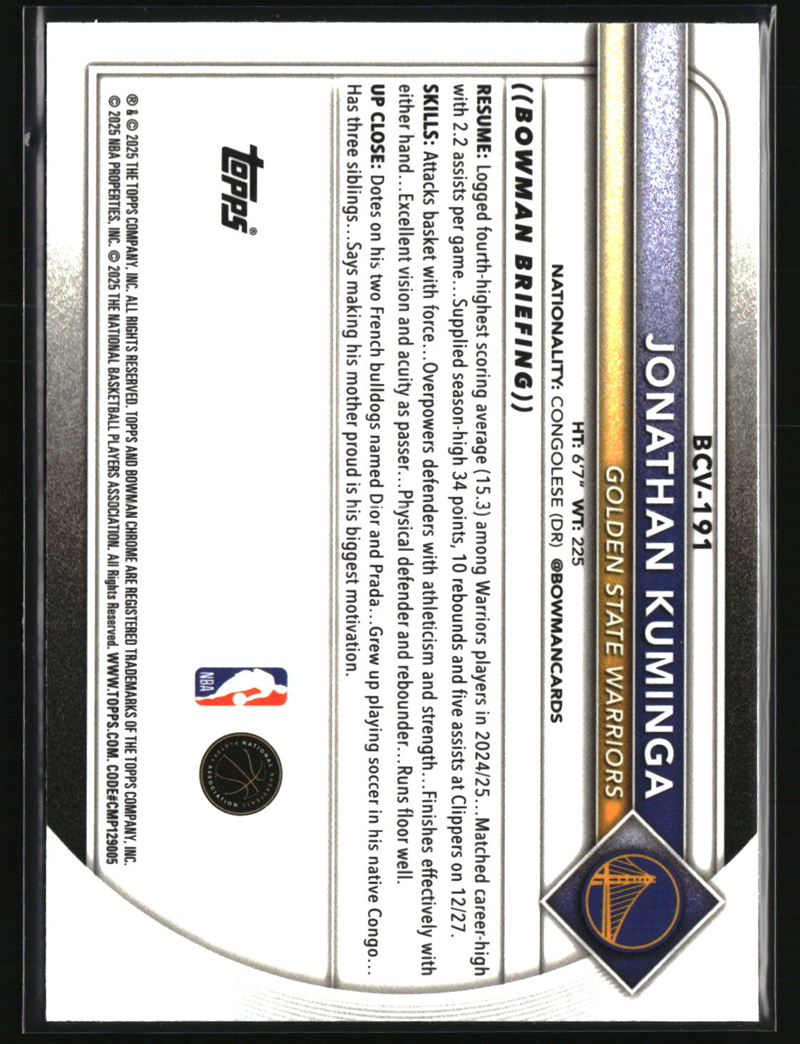 Jonathan Kuminga 2025-26 Bowman Chrome Reptilian Refractor #BCV-191
