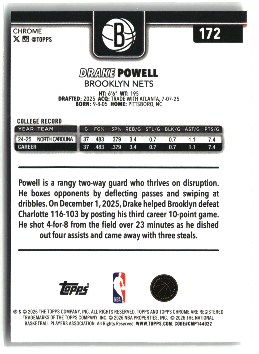 Drake Powell 2025-26 Topps Chrome Update #172