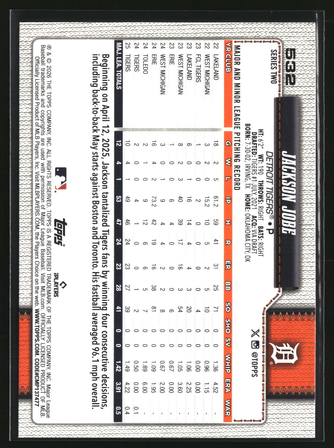 Jackson Jobe 2026 Topps #532