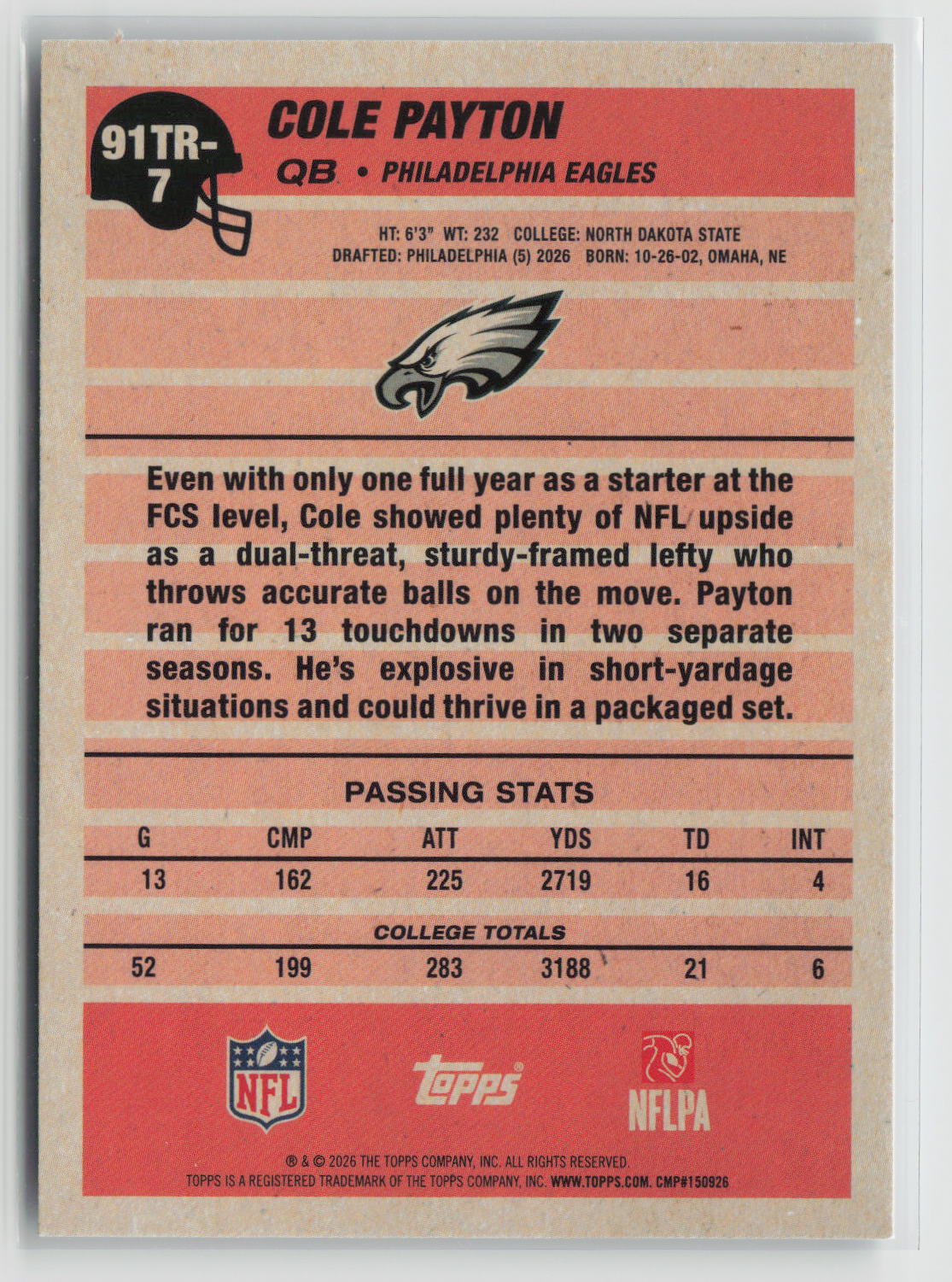 Cole Payton 2026 Topps Flagship 1991 Topps Football Rookies #91TR-7