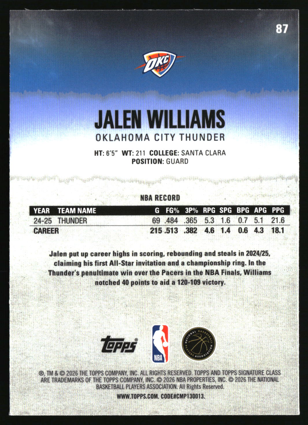 Jalen Williams 2025-26 Topps Signature Class Chrome #87