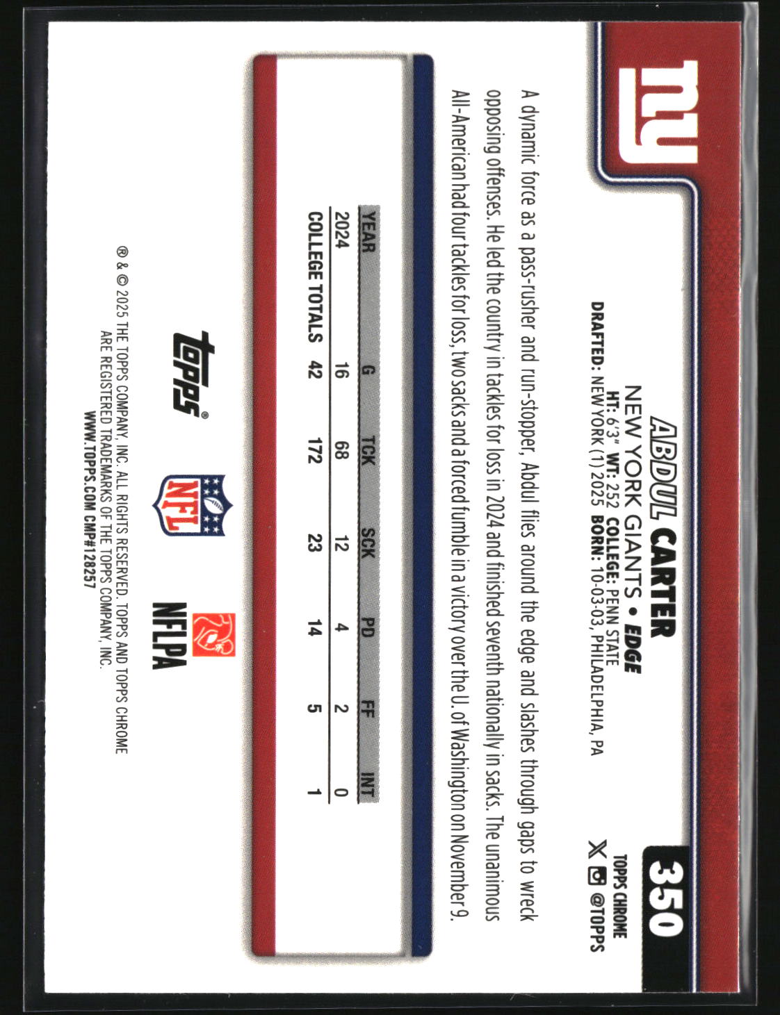 Abdul Carter 2025 Topps Chrome #350