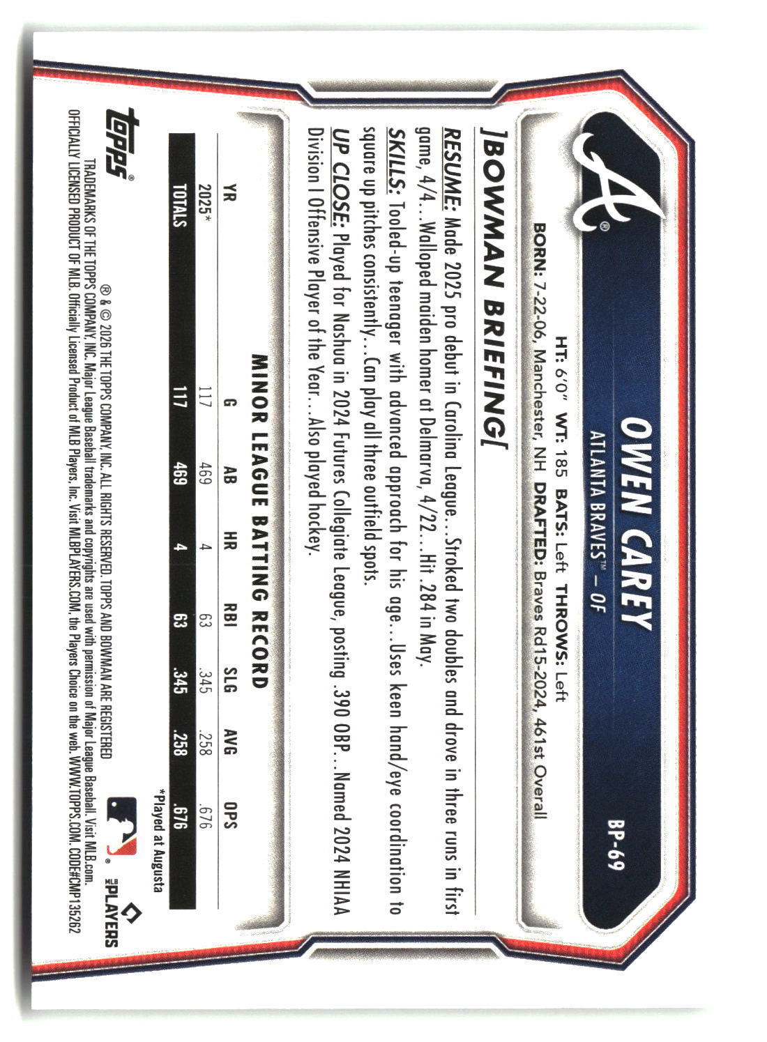 Owen Carey 2026 Bowman Prospects #BP-69