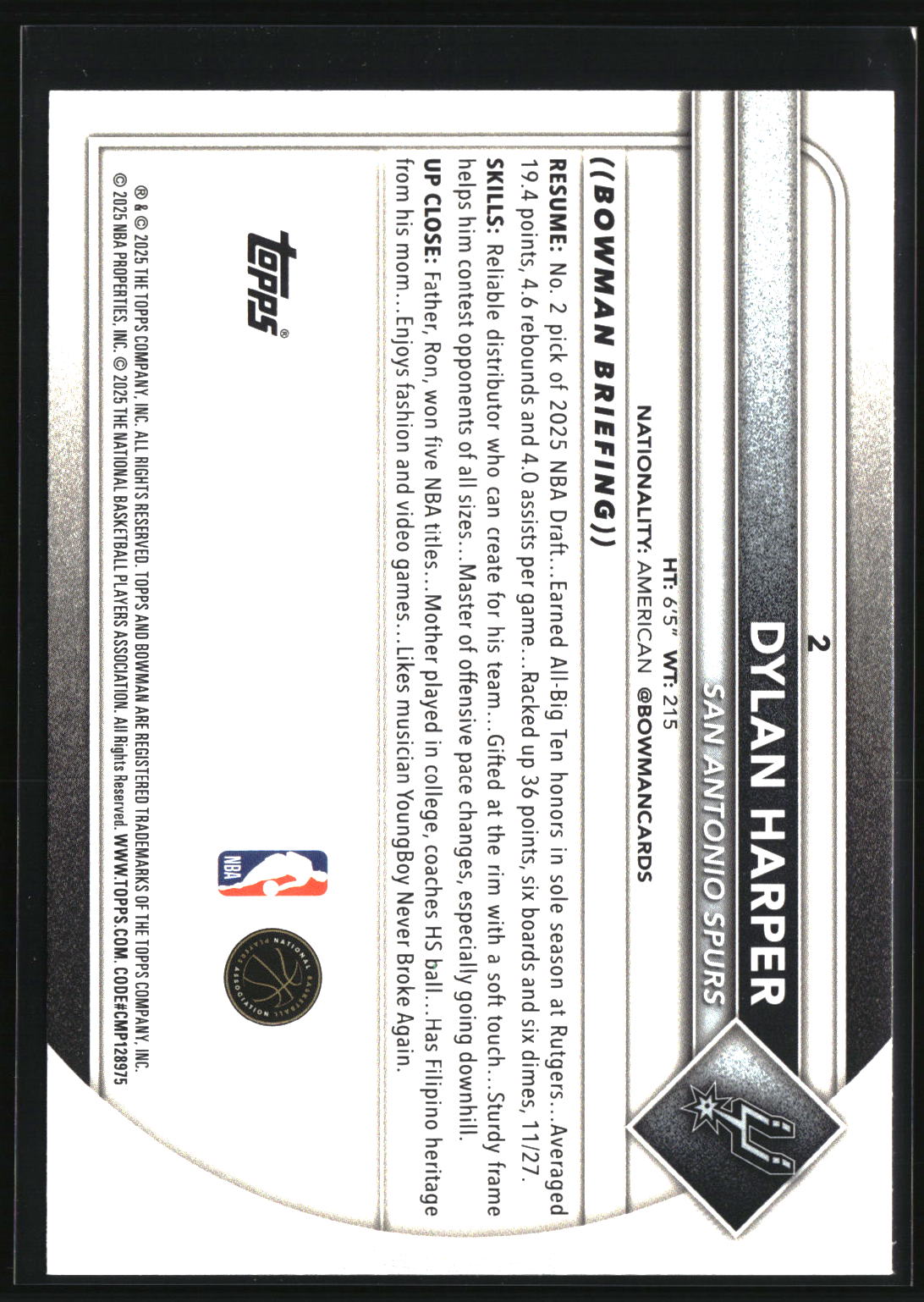 Dylan Harper 2025-26 Bowman #2
