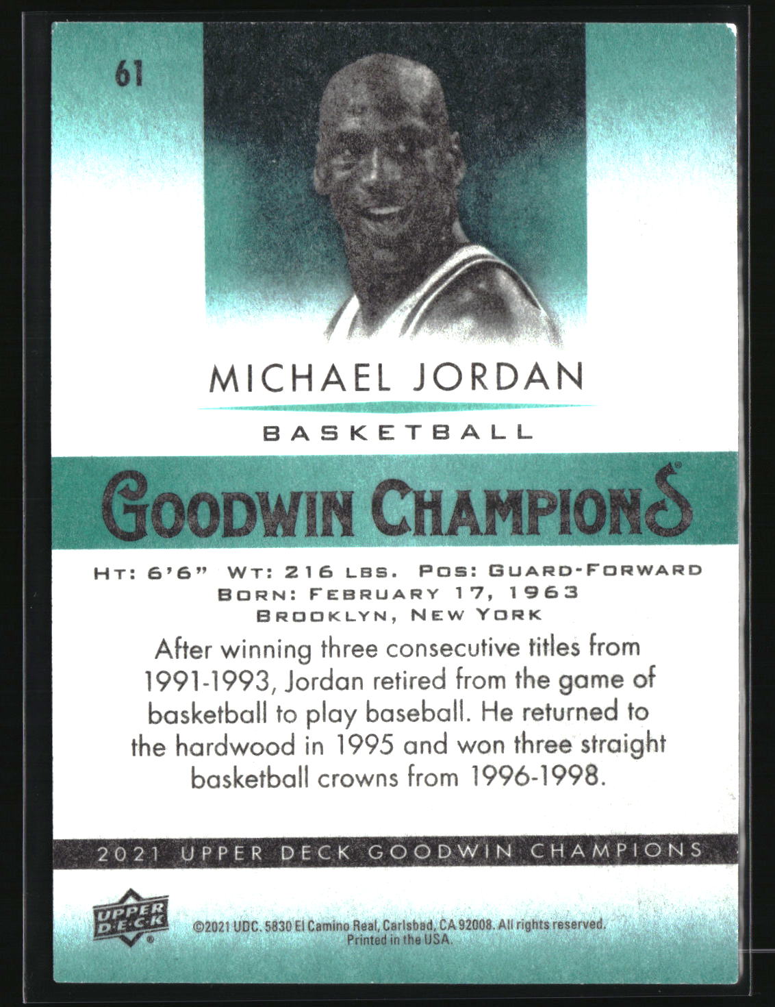 Michael Jordan 2021 Upper Deck Goodwin Champions Turquoise #61