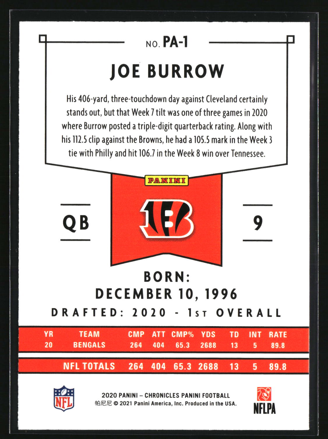 Joe Burrow 2020 Panini Chronicles Panini #PA-1