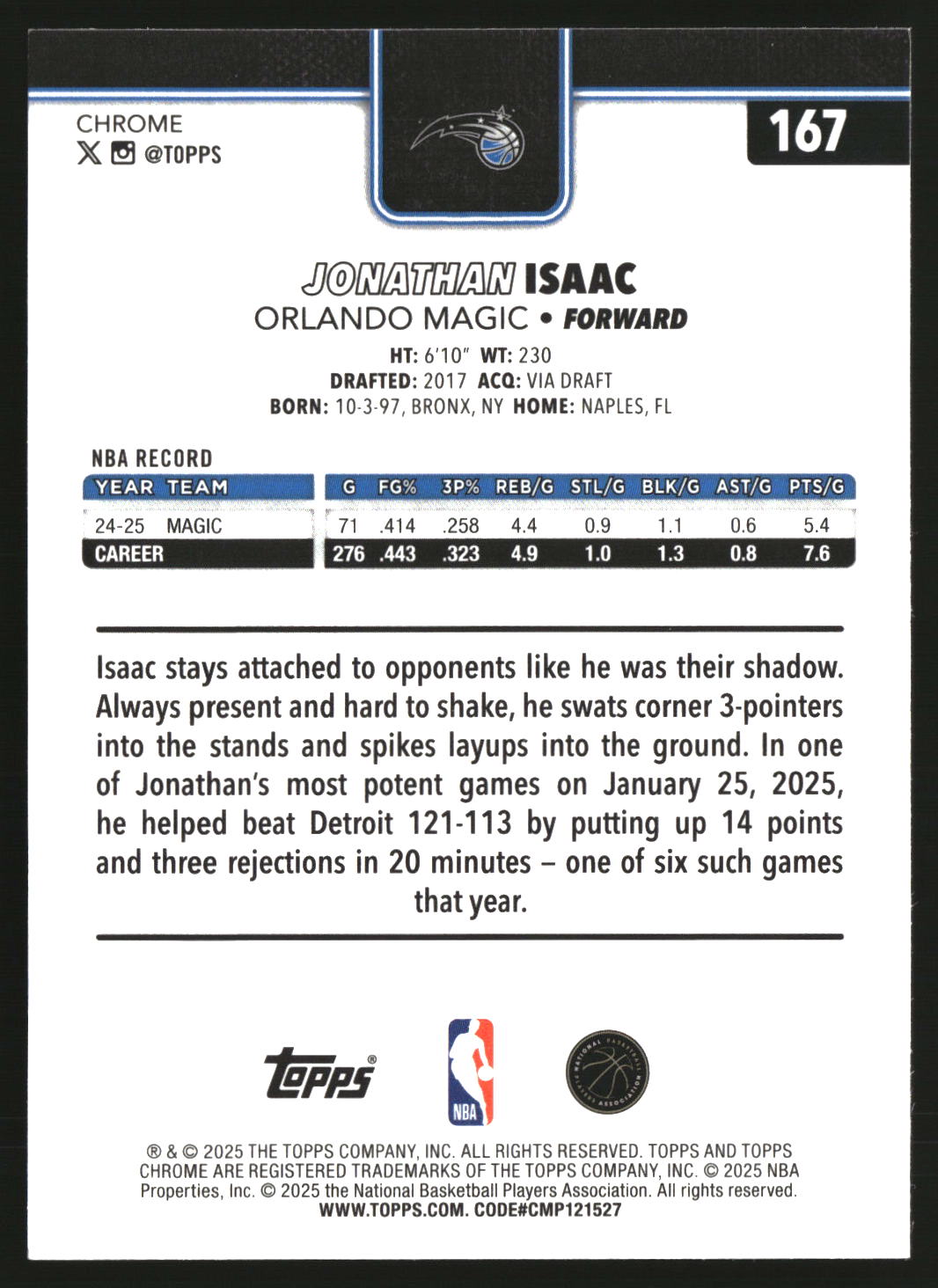 Jonathan Isaac 2025-26 Topps Chrome Refractor #167