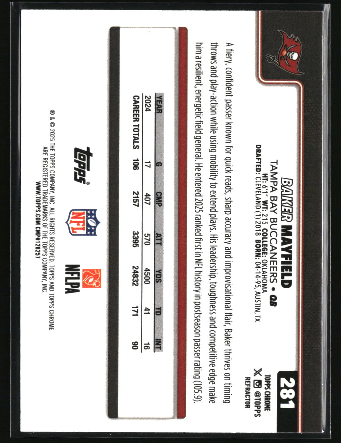 Baker Mayfield 2025 Topps Chrome - Topps Refractor #281
