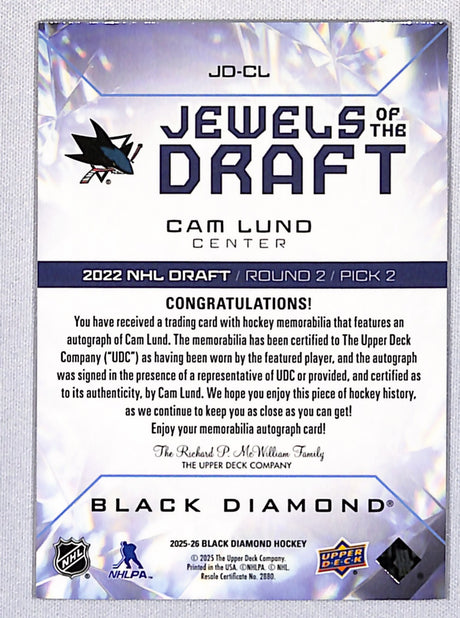 Cam Lund 2025-26 UD Black Diamond Jewels of the Draft Rookies #JD-CL #/99