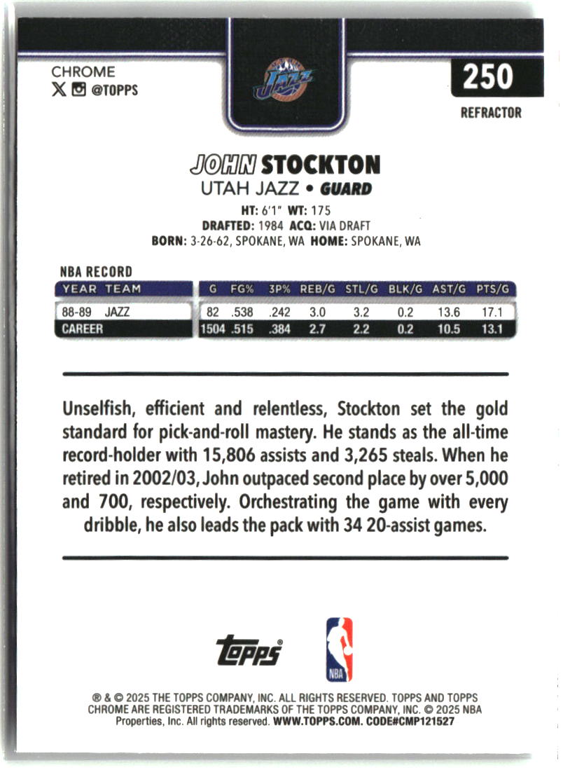 John Stockton 2025-26 Topps Chrome Refractor #250