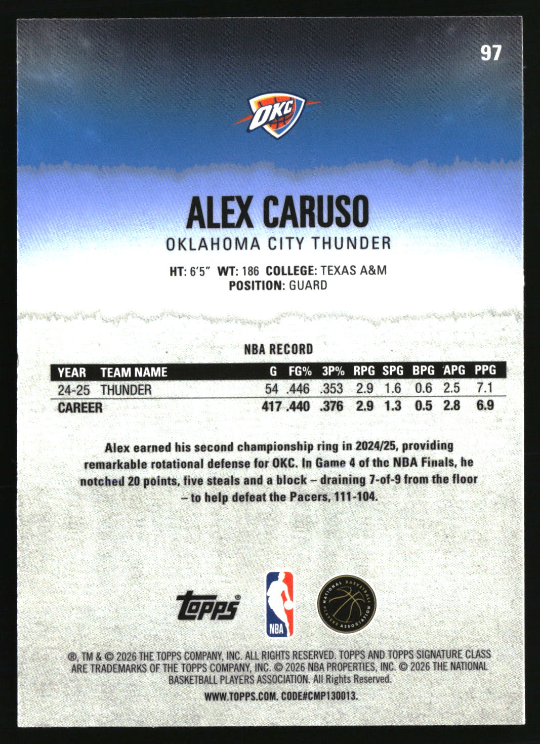 Alex Caruso 2025-26 Topps Signature Class Chrome #97