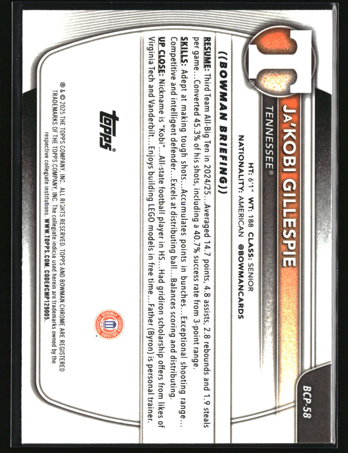 Ja'Kobi Gillespie 2025-26 Bowman Chrome Prospects Reptilian Refractor #BCP-58