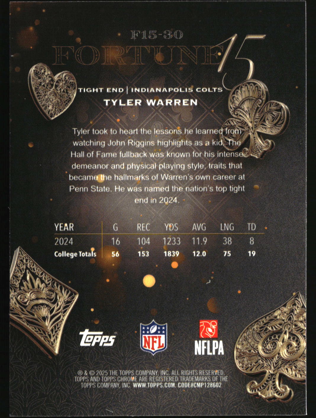 Tyler Warren 2025 Topps Chrome Fortune 15 #F15-30