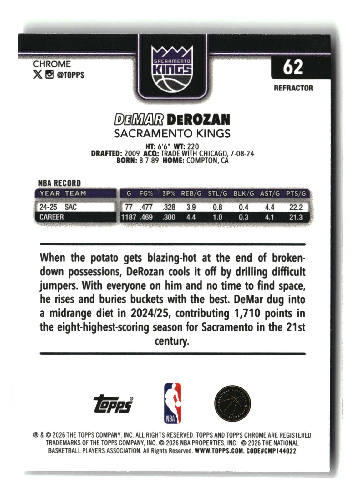 DeMar DeRozan 2025-26 Topps Chrome Update Refractor #62