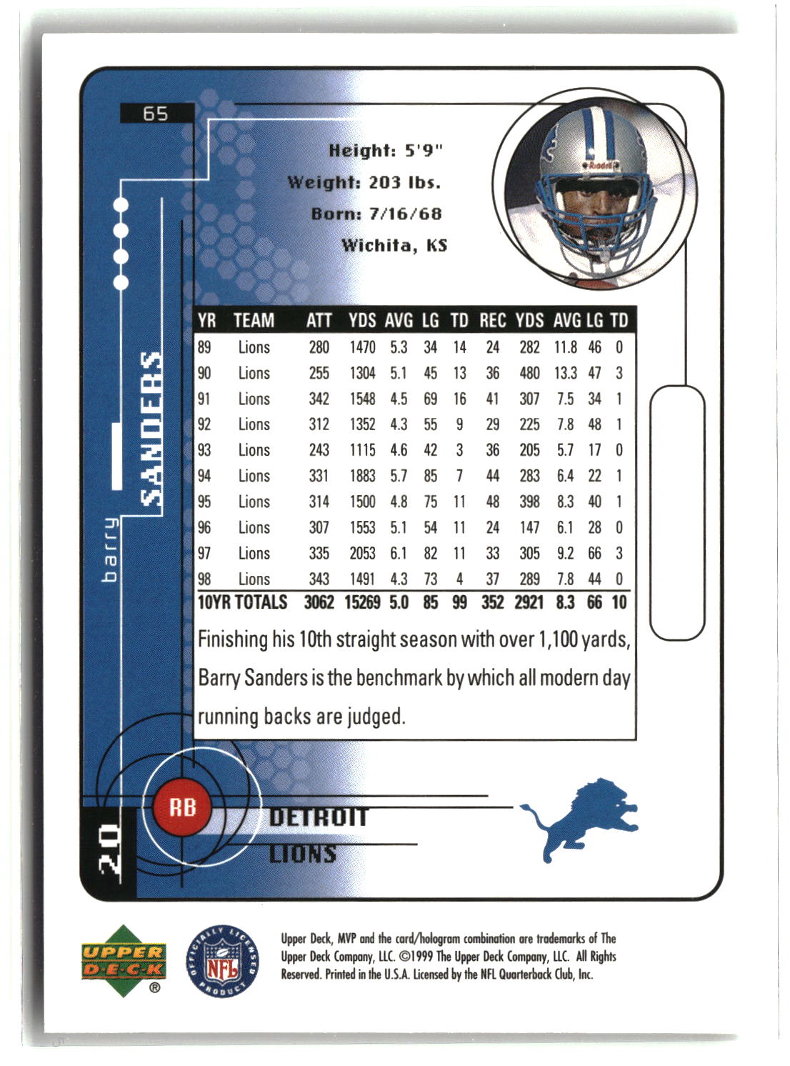 Barry Sanders 1999 Upper Deck MVP #65