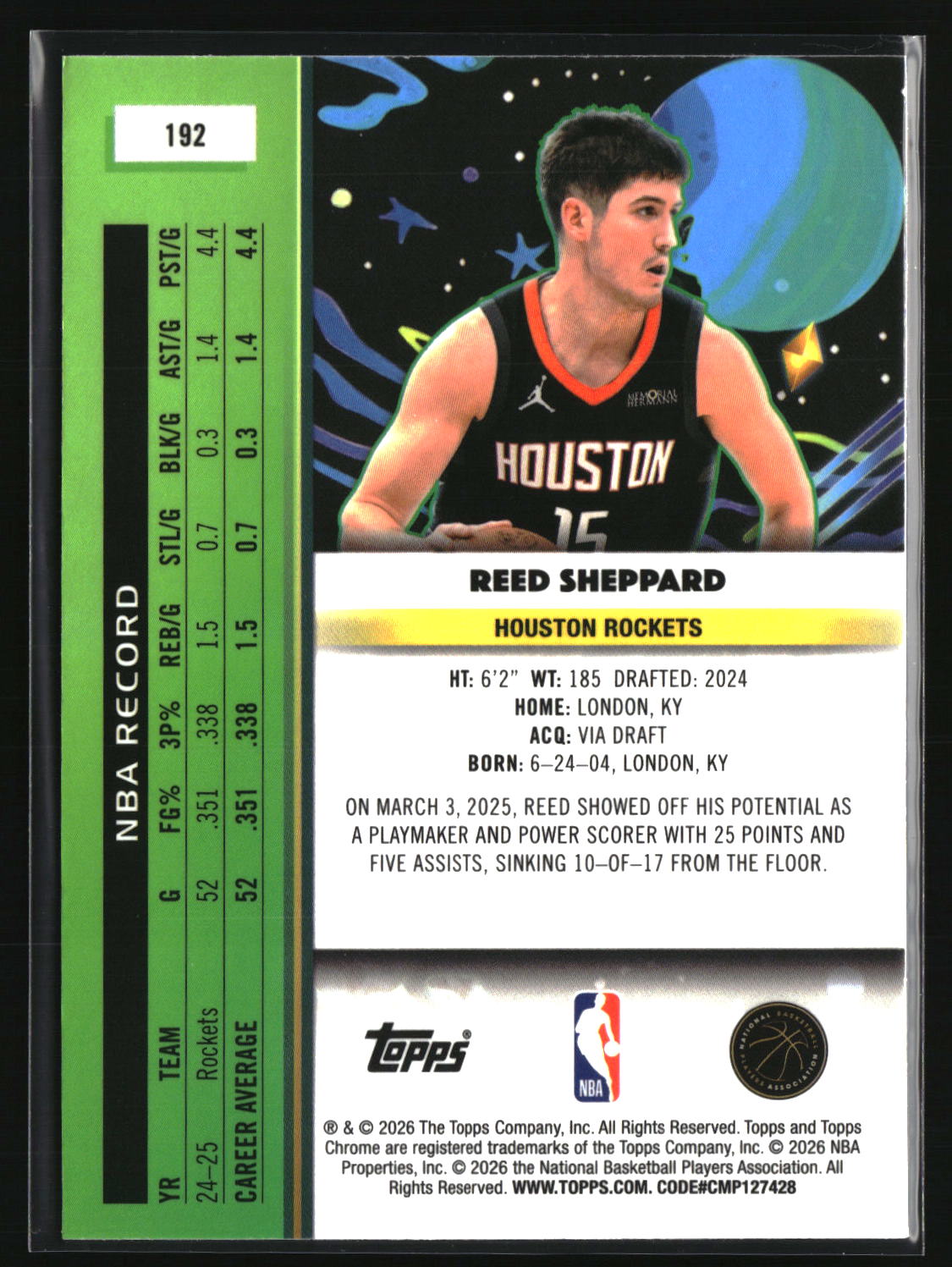 Reed Sheppard 2025-26 Topps Chrome Cosmic #192