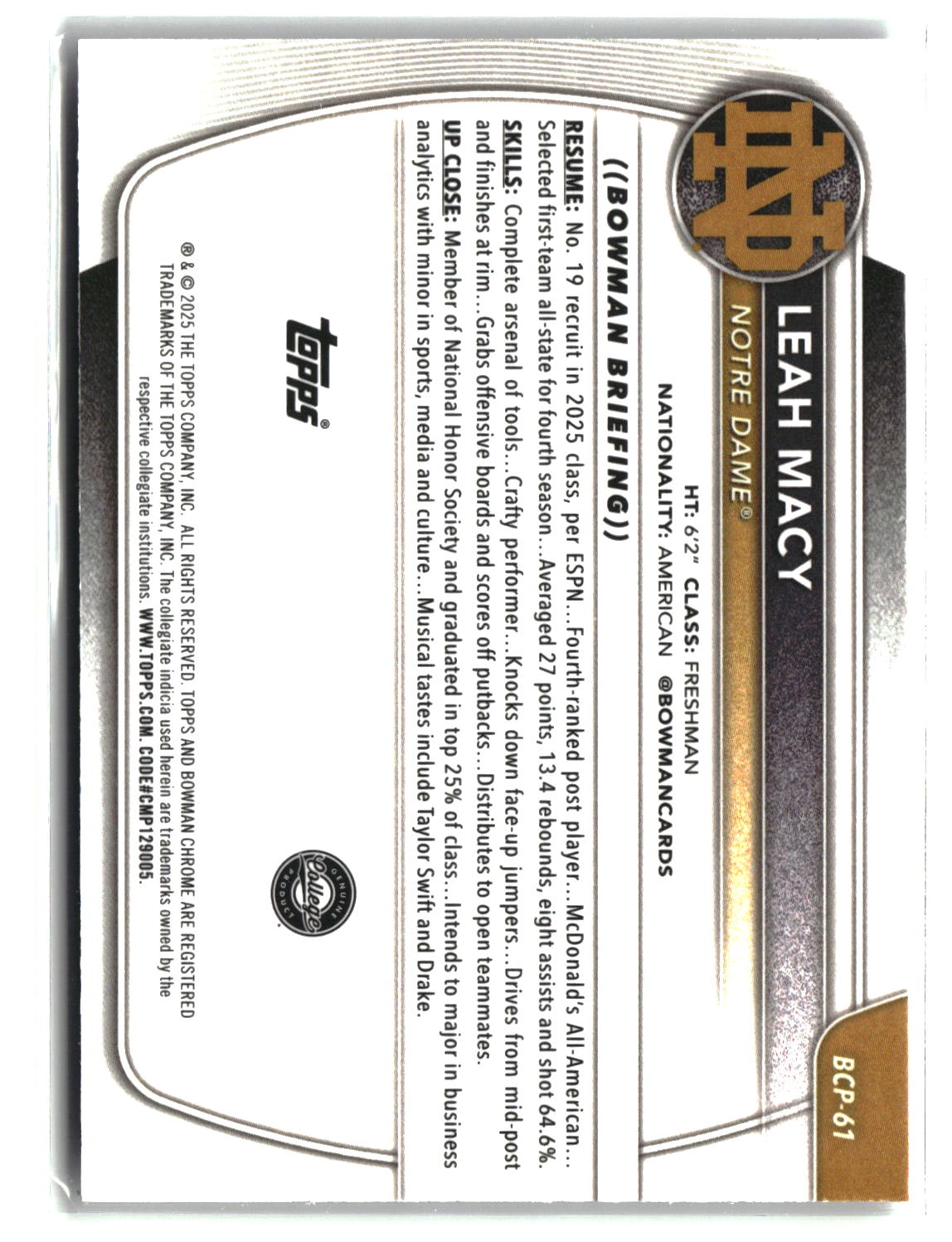 Leah Macy 2025-26 Bowman Chrome Prospects Mojo Refractor #BCP-61