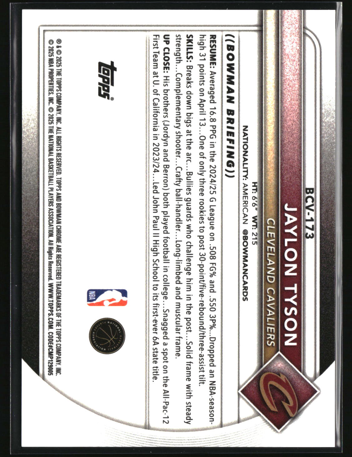 Jaylon Tyson 2025-26 Bowman Chrome Reptilian Orange Refractor #BCV-173 #/25