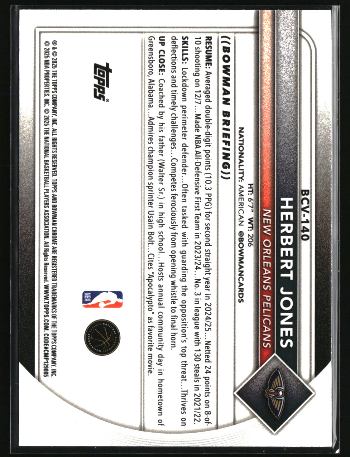 Herbert Jones 2025-26 Bowman Chrome Blue Refractor #BCV-140 #/150