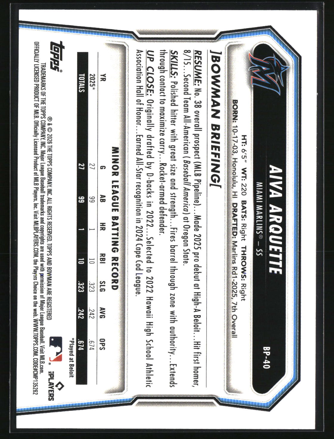 Aiva Arquette 2026 Bowman Prospects #BP-40