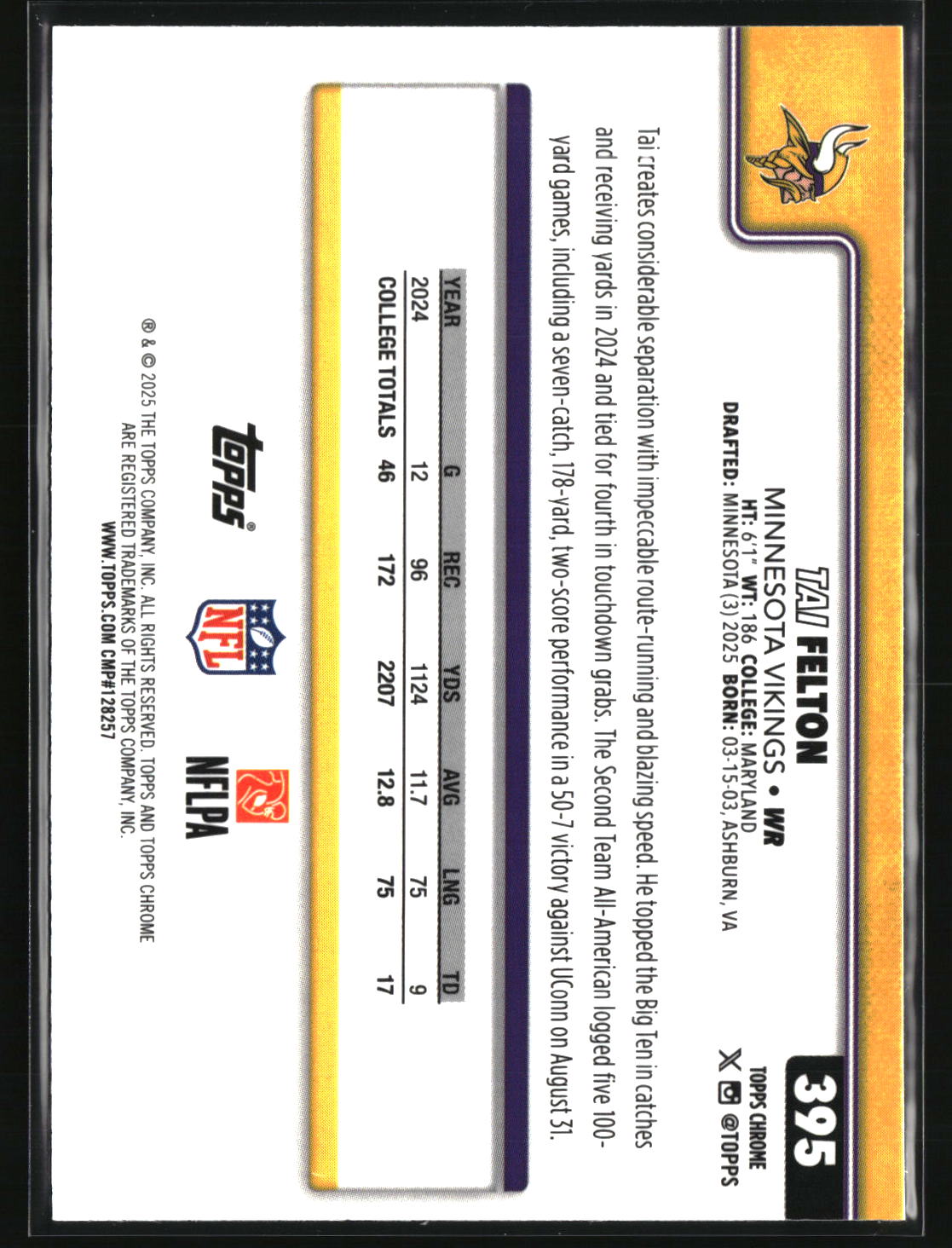 Tai Felton 2025 Topps Chrome Football #395