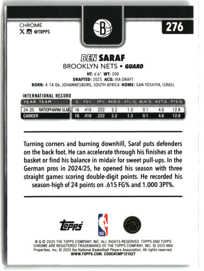 Ben Saraf 2025-26 Topps Chrome #276